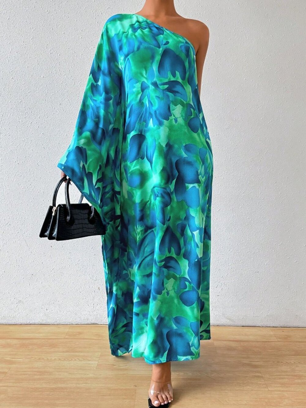 Multicolor Boho Women's Floral Print Asymmetrical Cape Sleeve Long Dress Maxi - Picture 3 of 6